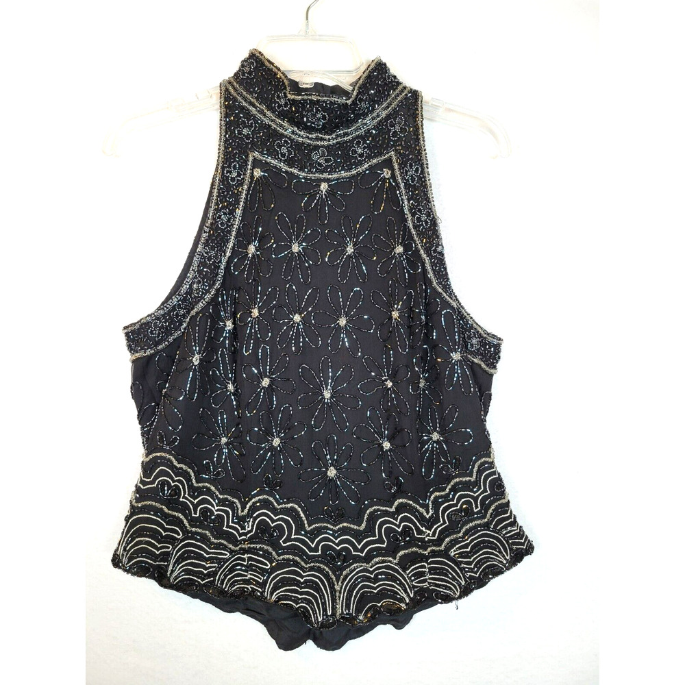 Adrianna Papell Womens Flower Silk Beaded Top Size Large Black Evening Formal - Picture 1 of 10